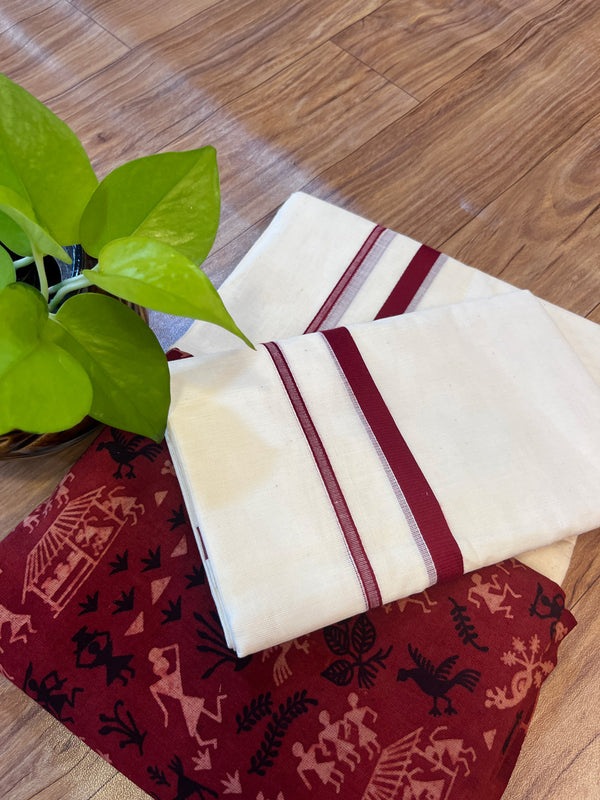 🌿 Puliyilakkara Handloom Set Mundu with Brocade Blouse – Heritage with a Touch of Royalty ✨