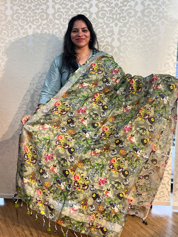 Linen cotton floral design dupatta - PAR555