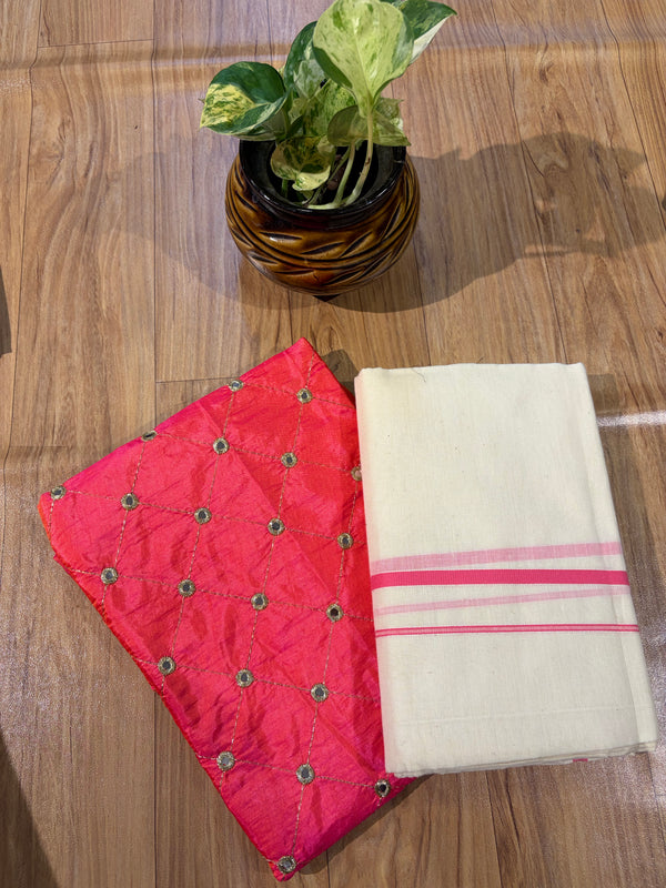 🌿 Puliyilakkara Handloom Set Mundu With Blouse – Timeless Kerala Tradition ✨