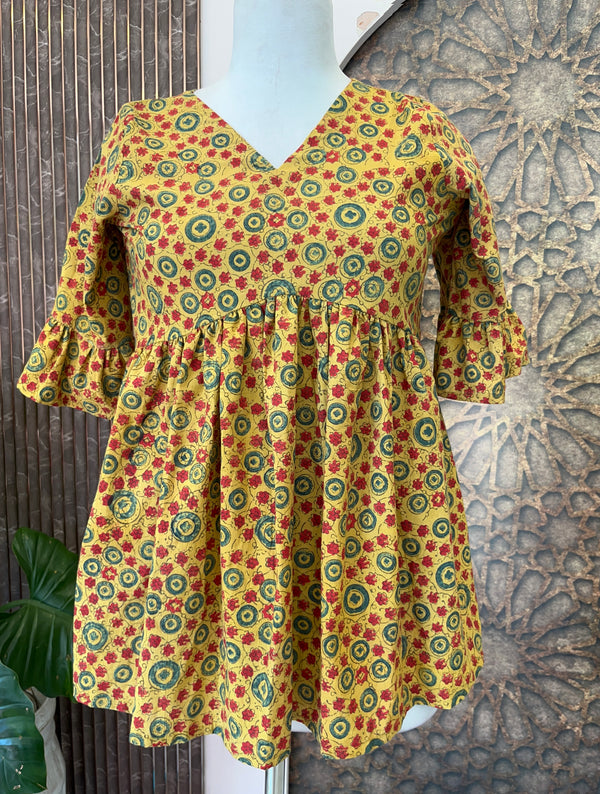 Aaliya trendy printed short kurti for women Ajrakh cotton flare kurti