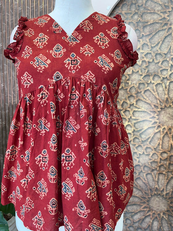 Aaliya trendy printed short kurti for women Ajrakh cotton flare kurti