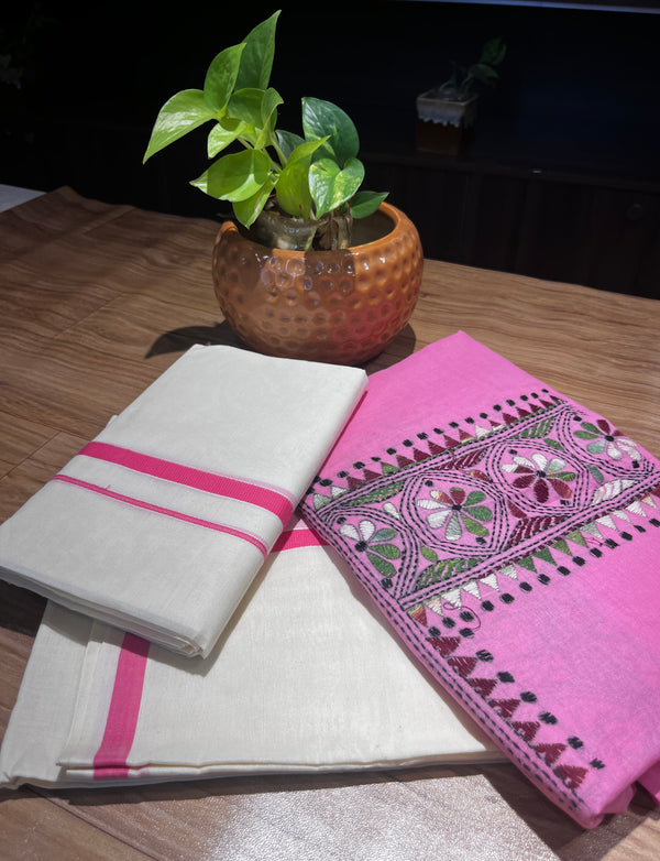 🌿 Pure Handloom Puliyilakkara Cotton Set Mundu with Ajrakh Blouse – Ethnic Elegance Redefined ✨