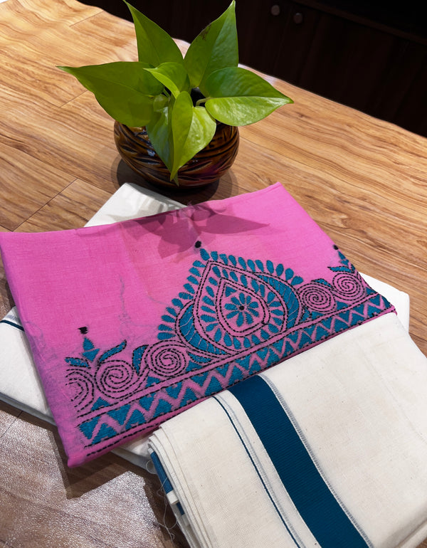 🌿 Pure Handloom Puliyilakkara Cotton Set Mundu with Ajrakh Blouse – Ethnic Elegance Redefined ✨