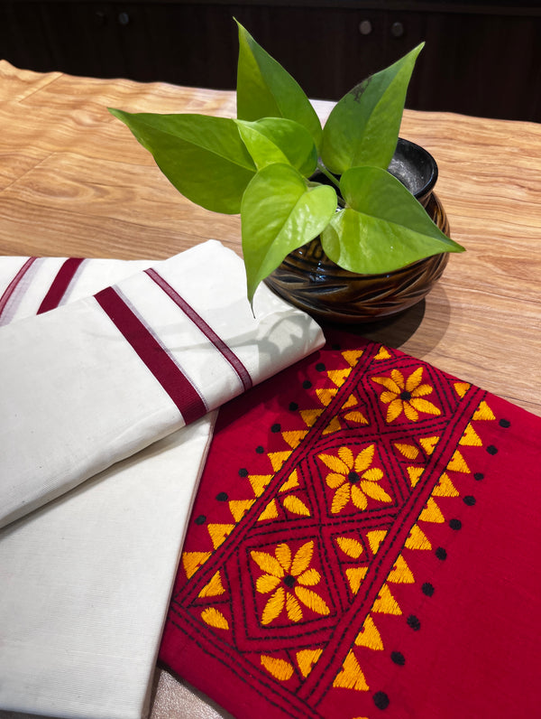 🌿 Pure Handloom Puliyilakkara Cotton Set Mundu with Ajrakh Blouse – Ethnic Elegance Redefined ✨