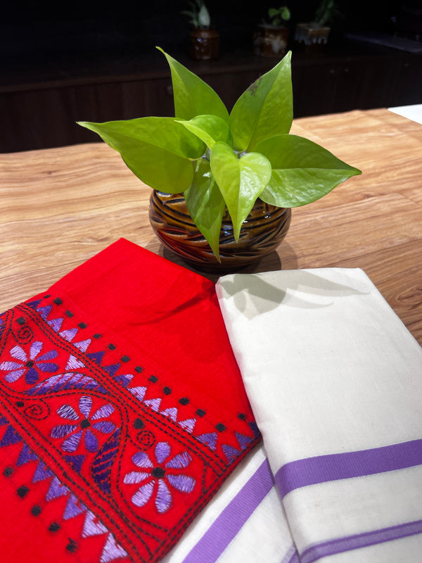 🌿 Pure Handloom Puliyilakkara Cotton Set Mundu with Ajrakh Blouse – Ethnic Elegance Redefined ✨