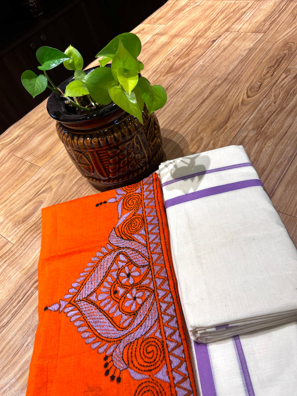 🌿 Pure Handloom Puliyilakkara Cotton Set Mundu with Ajrakh Blouse – Ethnic Elegance Redefined ✨