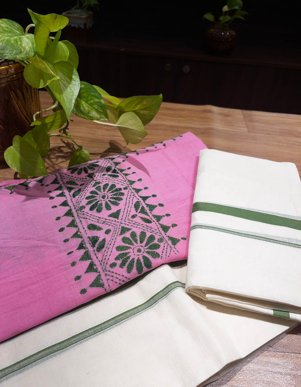 🌿 Pure Handloom Puliyilakkara Cotton Set Mundu with Ajrakh Blouse – Ethnic Elegance Redefined ✨