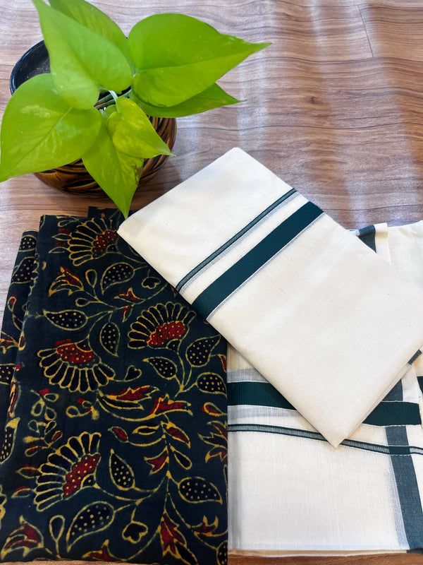 🌿 Puliyilakkara Handloom Set Mundu with Ajrakh Blouse – Dark Bottle Green Elegance ✨