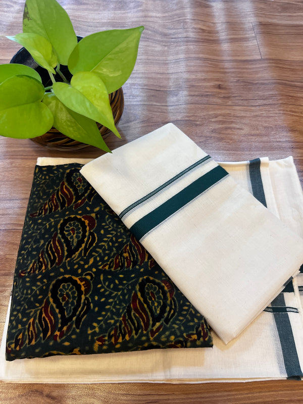 🌿 Puliyilakkara Handloom Set Mundu with Ajrakh Blouse – Dark Bottle Green Elegance ✨