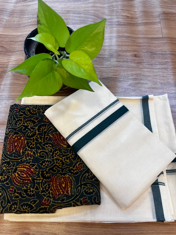 🌿 Puliyilakkara Handloom Set Mundu with Ajrakh Blouse – Dark Bottle Green Elegance ✨