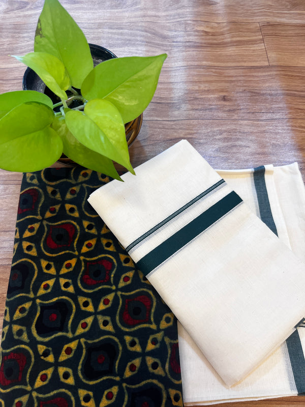 🌿 Puliyilakkara Handloom Set Mundu with Ajrakh Blouse – Dark Bottle Green Elegance ✨