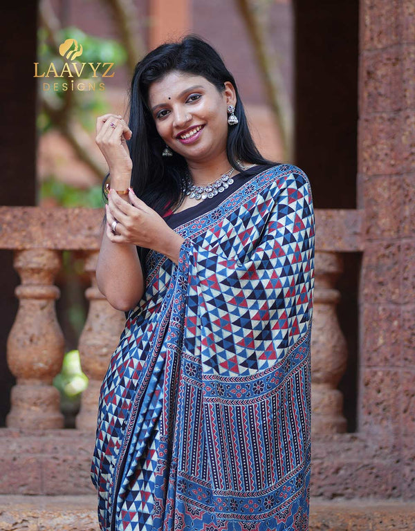 Ajrakh Modal Silk Saree – A Timeless Blend of Art & Elegance ✨