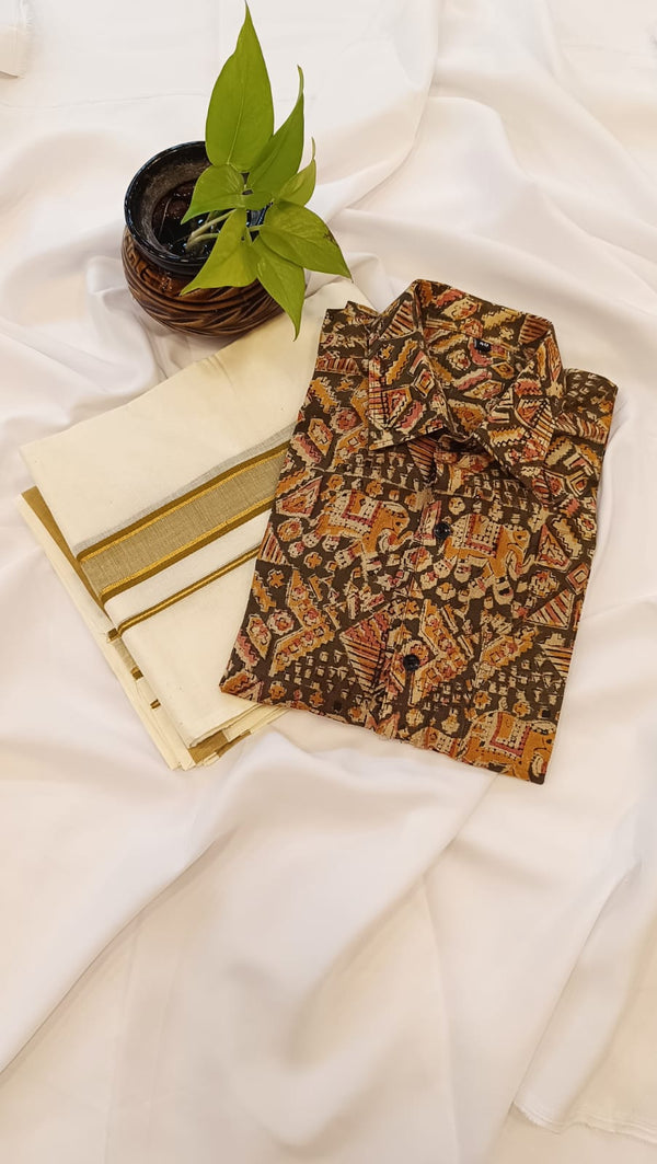 πΈ Kalamkari Cotton Shirt & Mundu Combo β Artistic Tradition in Every Thread β¨