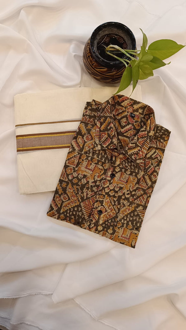 πΈ Kalamkari Cotton Shirt & Mundu Combo β Artistic Tradition in Every Thread β¨