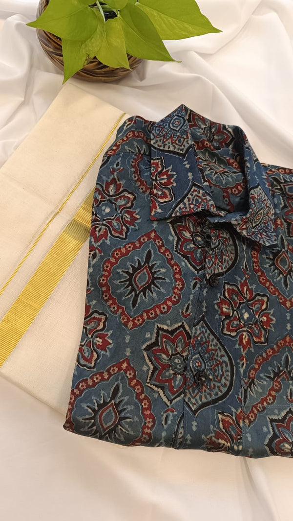 ✨ Modal Silk Shirt & Mundu Combo – Soft Luxury with Traditional Charm 🌿