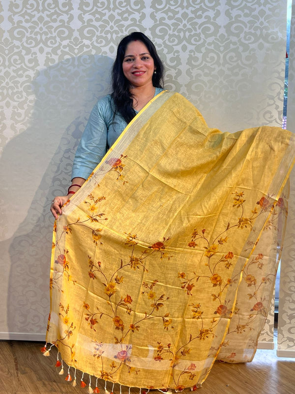 Linen cotton floral design dupatta - PAR555
