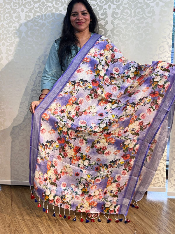 Linen cotton floral design dupatta - PAR555
