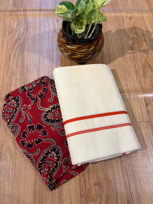 🌿 Puliyilakkara Handloom Set Mundu With Blouse – Timeless Kerala Tradition ✨