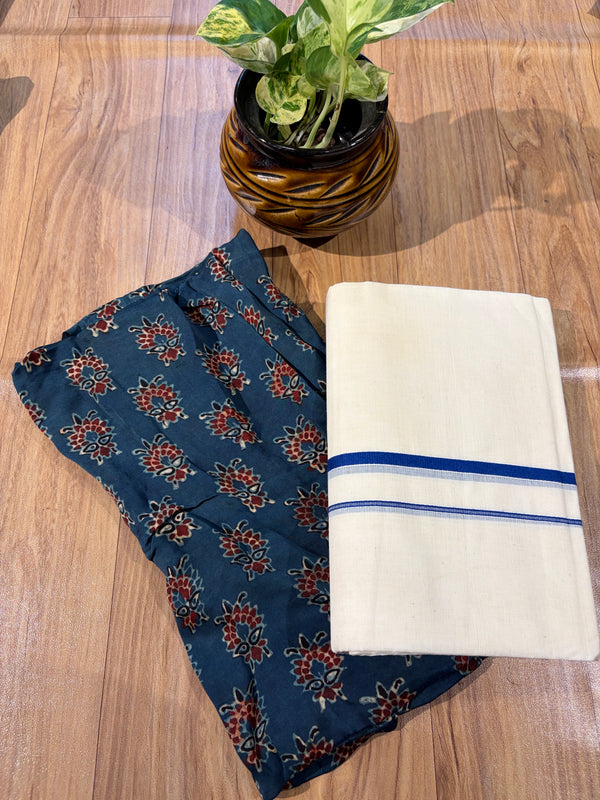 🌿 Puliyilakkara Handloom Set Mundu with Blouse – Timeless Kerala Tradition ✨