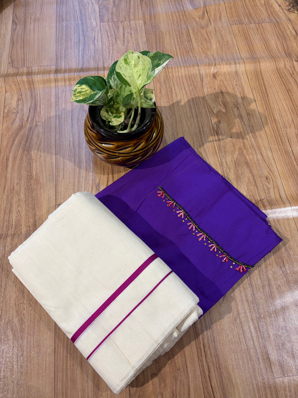 🌿 Puliyilakkara Handloom Set Mundu With Blouse – Timeless Kerala Tradition ✨