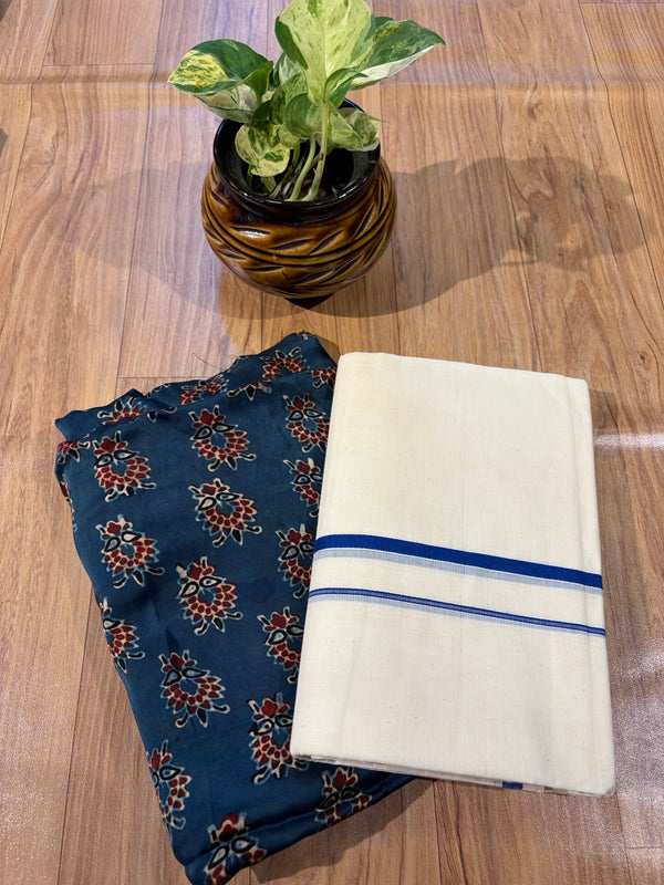 🌿 Puliyilakkara Handloom Set Mundu with Blouse – Timeless Kerala Tradition ✨