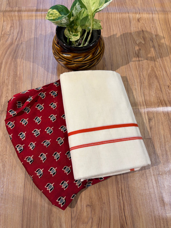 🌿 Puliyilakkara Handloom Set Mundu With Blouse – Timeless Kerala Tradition ✨
