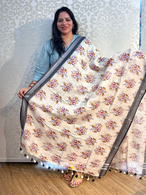 Linen cotton floral design dupatta - PAR555