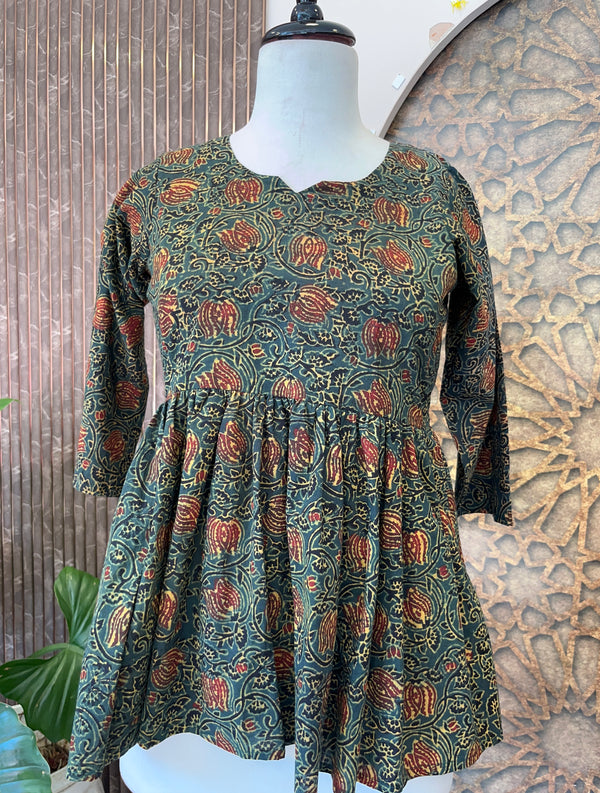 Aaliya trendy printed short kurti for women Ajrakh cotton flare kurti