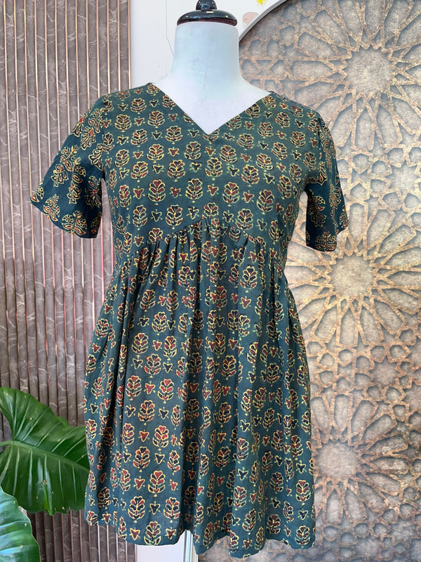 Aaliya trendy printed short kurti for women Ajrakh cotton flare kurti