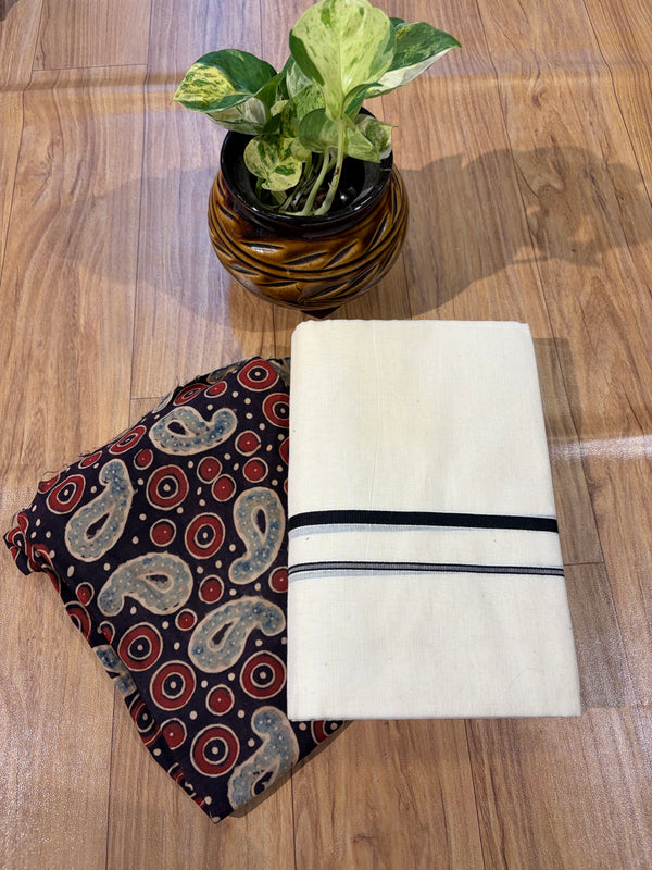 🌿 Puliyilakkara Handloom Set Mundu with Blouse – Timeless Kerala Tradition ✨