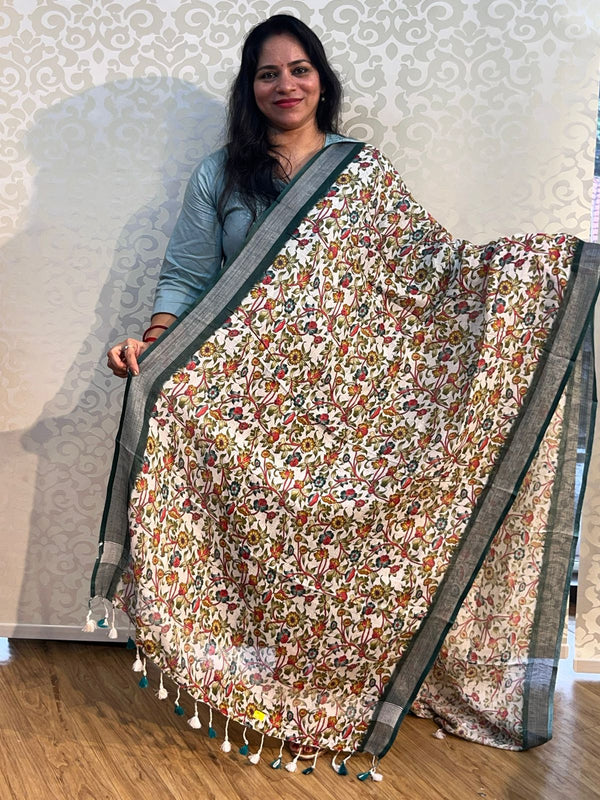 Linen cotton floral design dupatta - PAR555