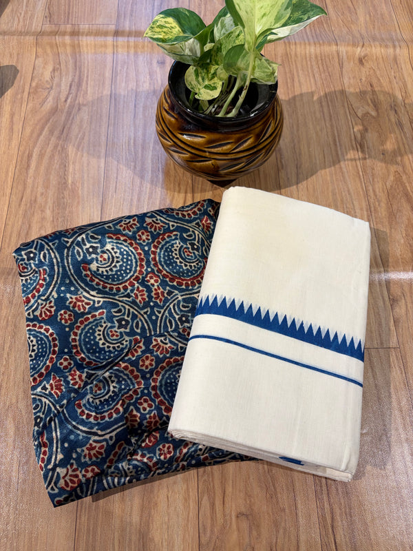 🌿 Puliyilakkara Handloom Set Mundu with Blouse – Timeless Kerala Tradition ✨