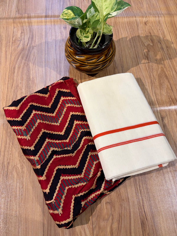 🌿 Puliyilakkara Handloom Set Mundu With Blouse – Timeless Kerala Tradition ✨