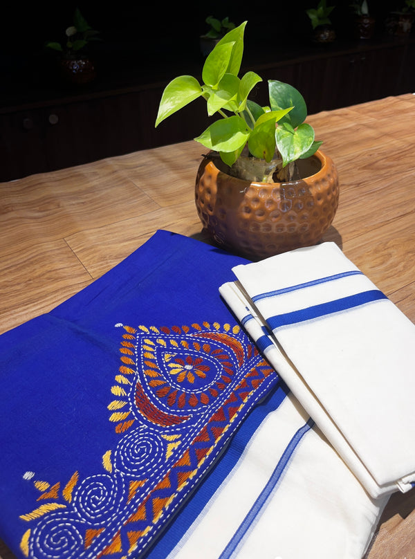 🌿 Pure Handloom Puliyilakkara Cotton Set Mundu with Ajrakh Blouse – Ethnic Elegance Redefined ✨