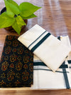 🌿 Puliyilakkara Handloom Set Mundu with Ajrakh Blouse – Dark Bottle Green Elegance ✨