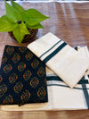 🌿 Puliyilakkara Handloom Set Mundu with Ajrakh Blouse – Dark Bottle Green Elegance ✨