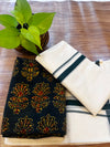 🌿 Puliyilakkara Handloom Set Mundu with Ajrakh Blouse – Dark Bottle Green Elegance ✨