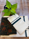 🌿 Puliyilakkara Handloom Set Mundu with Ajrakh Blouse – Dark Bottle Green Elegance ✨