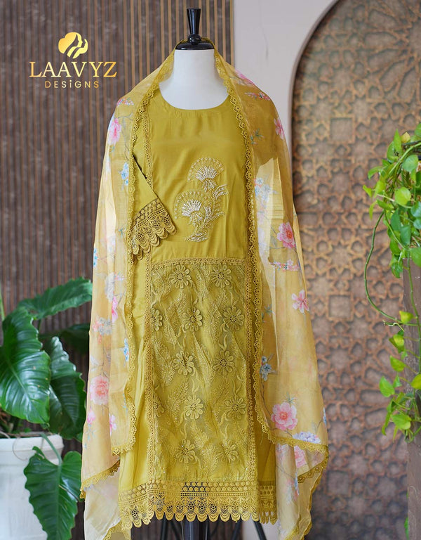 Semi-Silk Kurti Set with Soft Organza Shawl – Sheer Elegance ✨